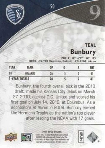 Vista 2 de 2011 SP MLS Game Used #50 Teal Bunbury Sporting Kansas City Tarjeta de fútbol oficial en Raw (NM o mejor)