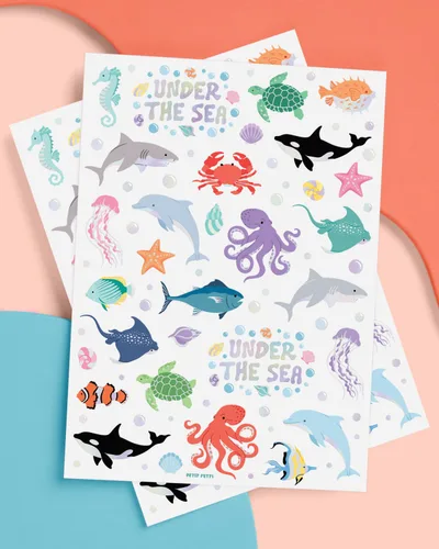Vista 5 de xo, Fetti Tatuajes temporales de criaturas marinas subacuáticas - 64 estilos Suministros para fiestas de cumpleaños de animales del océano