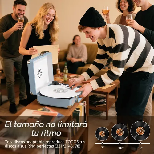 Vista 6 de VINYLS LINK Reproductor de discos de vinilo Bluetooth, tocadiscos de 3 velocidades con altavoces estéreo integrados, tocadiscos portátil de maleta