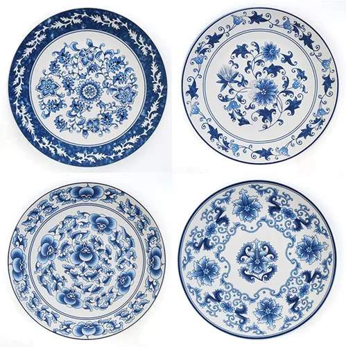 Vista 6 de Platos decorativos de porcelana azul y blanca de 10.2 in con patrón floral oriental para manualidades de cerámica para adornos, 1 plato con 1