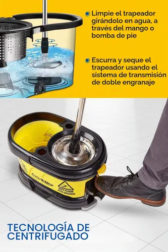 Vista 3 de trapeador giratorio comercial con carrito de ruedas, diseño sólido para años de uso