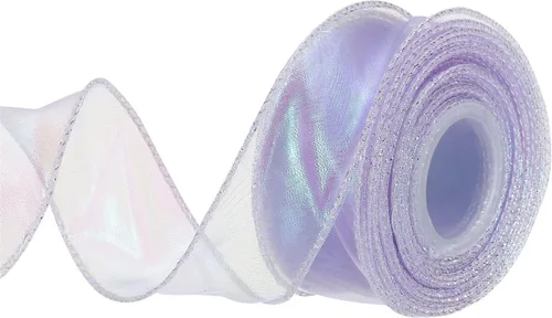 Vista 34 de MECCANIXITY - Cinta de organza con cable de 1 1/2" de ancho, brillante, transparente, con brillo irisado en tonos pastel, cinta de gasa para Beige
