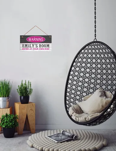 Vista 5 de Señales de advertencia personalizadas "Enter at Your Own Risk" personalizadas para habitación de niñas, entrada, puerta, letreros de madera