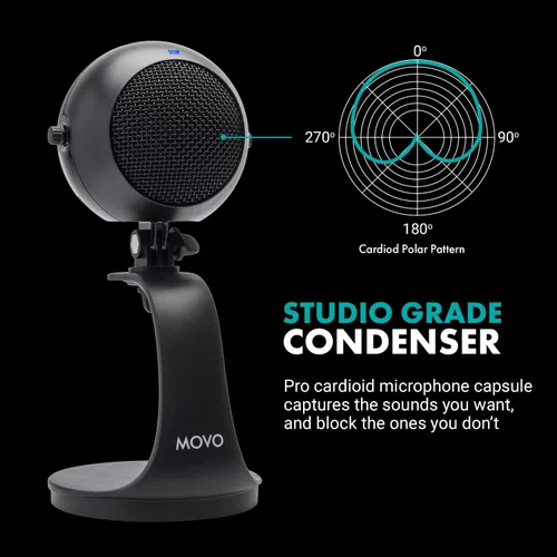 Vista 5 de Movo WebMic - Micrófono USB con soporte de escritorio en negro, micrófono de computadora de condensador cardioide para PC y Mac con ganancia