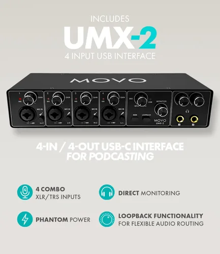 Vista 3 de Movo Paquete de equipos de podcast para 4 personas - Interfaz de audio USB de 4 canales, 4 micrófonos dinámicos CastMic, 4 brazos Boom - Kit