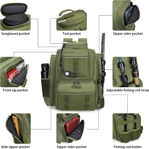 Vista 2 de WANOON Mochila de pesca, bolsa de aparejos, con cajas de aparejos. Bolsa de pesca grande, materiales fuertes