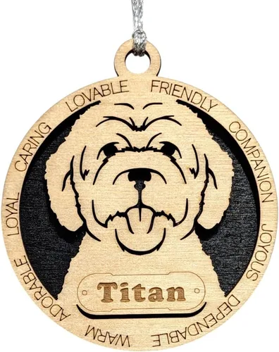 Vista 201 de Adorno de Navidad personalizado para perro Cavalier King Charles Spaniel, redondo de 3 pulgadas, madera cortada con láser de 2 capas, nombre y texto
