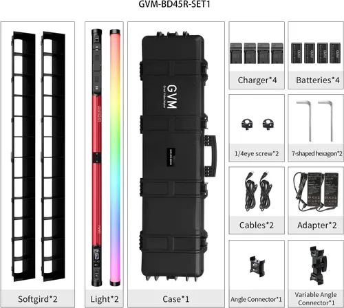 Vista 6 de GVM - Tubo de luz RGB con caja de luz, 2 paquetes de luz de varita de mano de 45 W, tubo de luz LED a todo color de 48 pulgadas, luz de palo