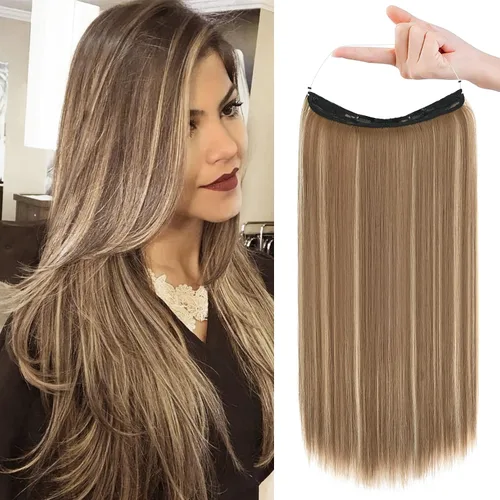 Vista 11 de REECHO - Extensiones de cabello con alambre invisible y con cintillo transparente, tamaño ajustable, clips seguros extraíbles, cabello lacio, diseño