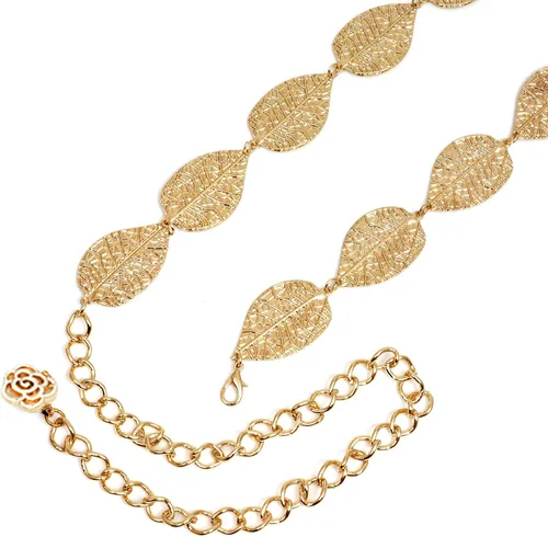 Vista 4 de Coucoland Cinturón de cadena de cintura ajustable para mujer, diseño de hoja de metal para vestido, Oro