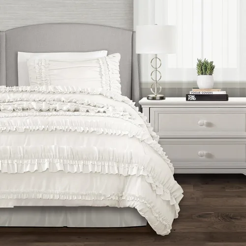 Vista 12 de Lush Decor Belle - Juego de cama de 4 piezas con falda de cama y 2 fundas de almohada, juego de edredón King, color blanco