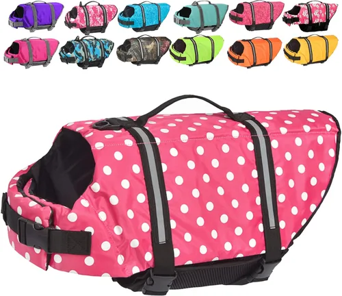 Vista 17 de Doglay Chaleco salvavidas para perros con asa de rescate, chaleco salvavidas para perros para nadar en barco, chaleco de natación reflectante Azul