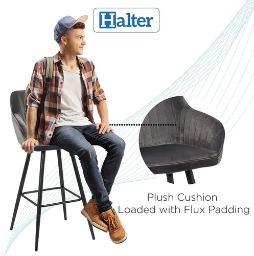 Vista 3 de Halter Taburete de bar con soporte trasero y reposapiés, taburetes de bar modernos tapizados para encimera de cocina, tela gris de felpa y marco