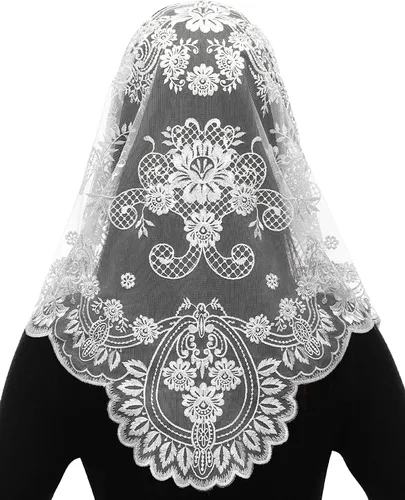 Vista 19 de Bozidol Velos de Mantilla de Capilla Católica en Triángulo - Bufanda Corta de Embroidería de Camelia para Misa Latina, Velo de Iglesia de Encaje