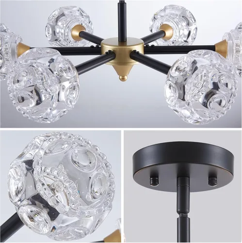 Vista 6 de XINGQI Lámpara de techo moderna de 6 luces, lámpara de montaje semiempotrado Sputnik, lámparas de araña doradas en negro para recámara, comedor