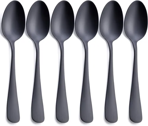 Vista 9 de Cuchara de postre negra mate, juego de cuchara de café y te con acabado satinado de acero inoxidable GoGeiLi de 6.8 pulgadas, servicio para 6, apta