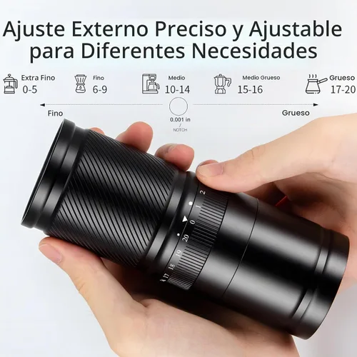 Vista 2 de Molinillo de café manual con ajuste numérico externo ajustable, capacidad 1.06 oz con rebabas cónicas de acero inoxidable CNC (negro)