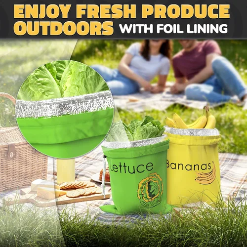 Vista 8 de Bolsas de producción reutilizables para plátanos y lechuga frescas – Bolsas de almacenamiento para verduras y frutas con forro de aluminio