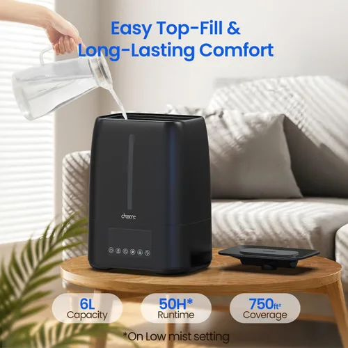 Vista 2 de Humidificador ultrasónico de 6L con llenado superior - Niebla fría y cálida para dormitorio, bebé, habitaciones grandes y plantas, control