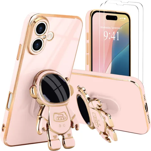 Vista 30 de Pepmune - Funda para iPhone 15 con soporte de astronauta 3D, color negro [2 Screen Protector], Luxury Electroplated Soft TPU Cover with Kickstand