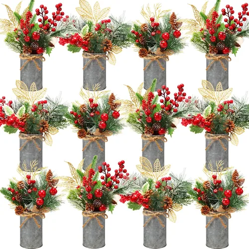 Vista 8 de Tioncy 6 Set Christmas Floral Table Centerpiece Bulk Bark Frosted Woodland Artificial Holly Red Berry Pine Cone Greenery Stems Picks Arrangement