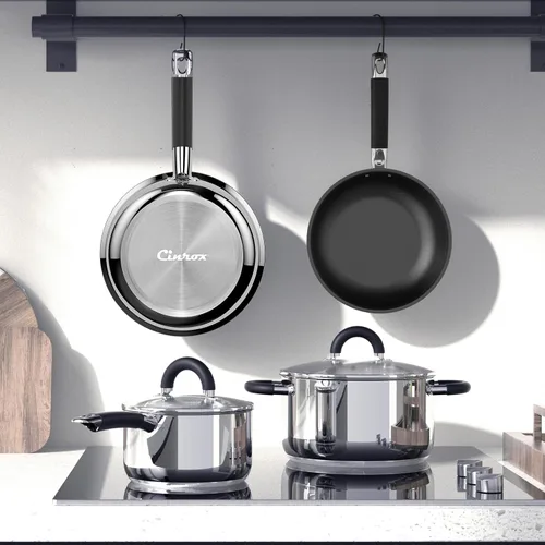 Vista 7 de Juego de ollas y sartenes antiadherentes, de acero inoxidable de 5 capas con base de utensilios de cocina, sartenes, se calienta rápidamente