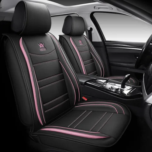 Vista 3 de Juego completo de fundas de cuero de lujo para asiento de automóvil, ajuste universal para 5 asientos (Bk-Pink 01)