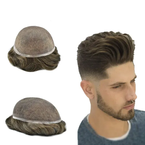 Vista 26 de Completo suizo encaje tupé para hombres pieza de pelo real sistema de reemplazo de cabello humano para hombres Toupee Hairpieces para hombres 7x9