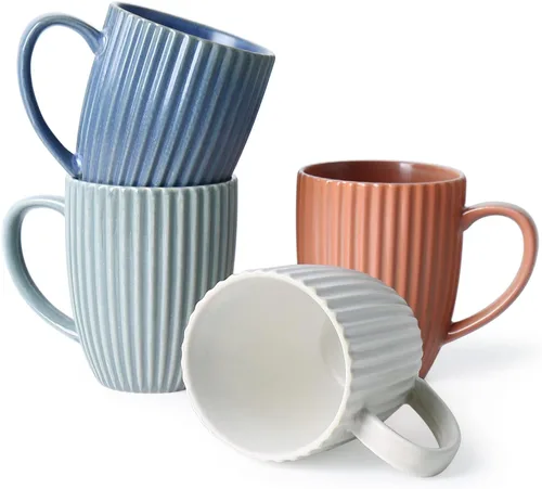 Vista 9 de Juego de 4 tazas de café, tazas de café grandes de cerámica a rayas de 16
