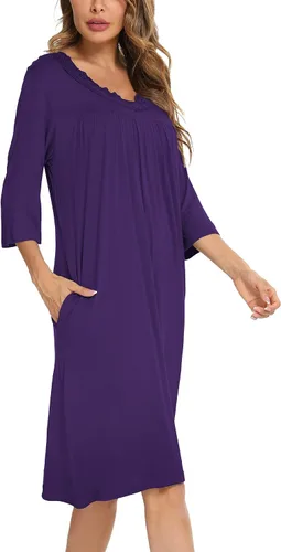 Vista 5 de YYA Nightgowns for Women 34 Sleeve Sleepwear Lace Comfy Sleep Gowns Pleated V Neck Plus Size Nightshirt S-4XL
