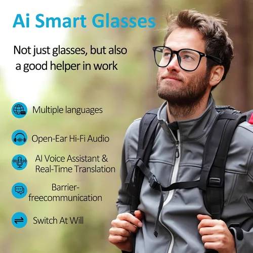 Vista 2 de Lentes Bluetooth inteligentes AI con altavoces de oído abierto y asistente de voz, traducción en tiempo real, lentes de luz anti-azul para negocios