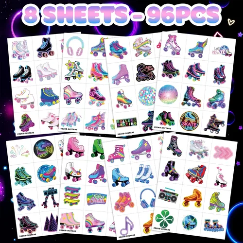 Vista 2 de 96 tatuajes temporales de patines de neón – tema de los años 80 y 90 para decoración de fiesta de cumpleaños, suministros de regalos para niños