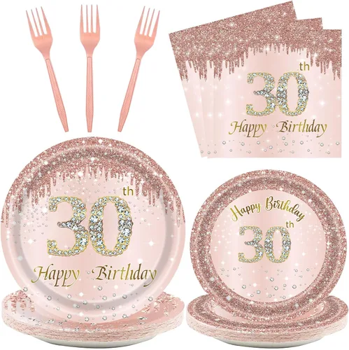 Vista 14 de 24 juegos de decoración de cumpleaños de oro rosa para niñas 1 juego de platos y servilletas y tenedores suministros de fiesta para niños de 1 año