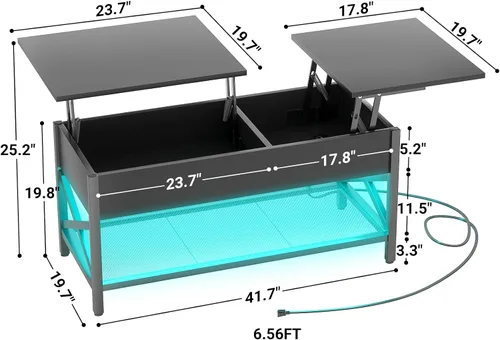 Vista 2 de Aheaplus Mesa de Centro Elevable Negra con Luz LED, Tomas de Corriente y Estante de Almacenamiento, 41.7"An x 19.69"L x 19.7"Al