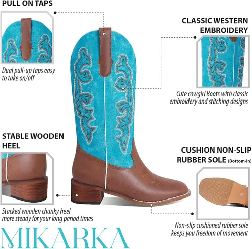 Vista 3 de mikarka Square Toe Cowboy Boots for Women Embroidery Mid Chunky Heel Mid-Calf Western Cowgirl Boot wPull On Taps