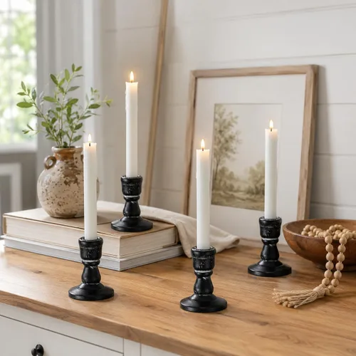 Vista 14 de Portavelas cónicos de madera: Portavelas rústicos negros de madera estilo granja para decoración otoñal de Halloween, sala de estar, mesa