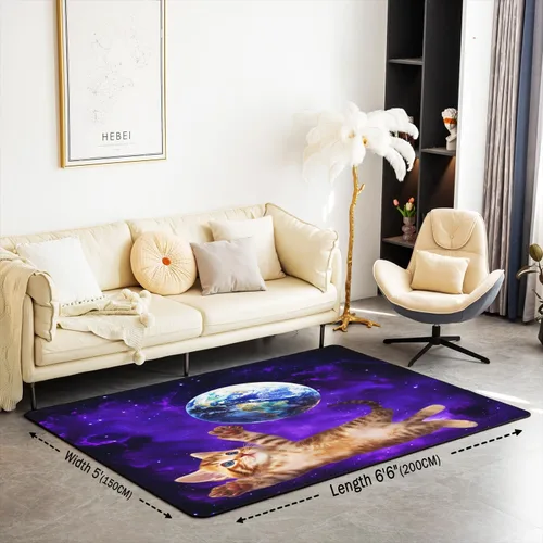 Vista 2 de Alfombra decorativa de gato de espacio exterior de 3 x 5 pies, diseño de plantas y gatitos, para niños, adolescentes, galaxia, cielo estrellado