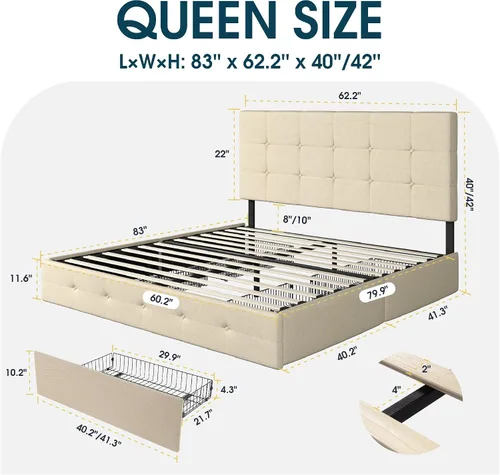 Vista 101 de WEEWAY Base de cama de plataforma tamaño King con 4 cajones de almacenamiento, cabecera capitonada con botones de costura de diamante, base de Negro