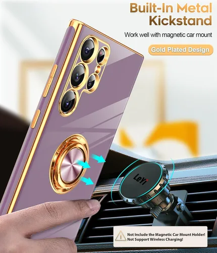Vista 5 de LeYi Funda para Galaxy S22 Ultra: Soporte de Anillo Giratorio 360°, Soporte Magnético con Patilla, Borde Protector Chapado en Oro Rosa para Funda