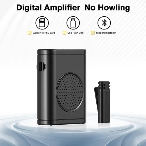 Vista 3 de Amplificador de voz inalámbrico con micrófono Lavalier inalámbrico, altavoz Bluetooth, sistema PA, soporte USB/TF/SD, micrófono omnidireccional