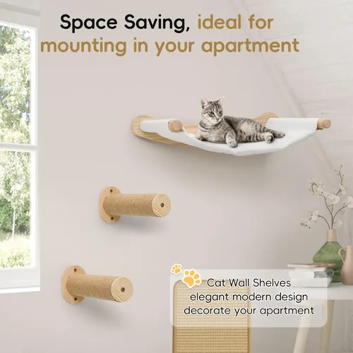 Vista 7 de Hamaca de pared para gatos, 2 estantes de escalada para gatos, estantes de pared grandes para cama y tabla rascadora para escalar, dormir, jugar