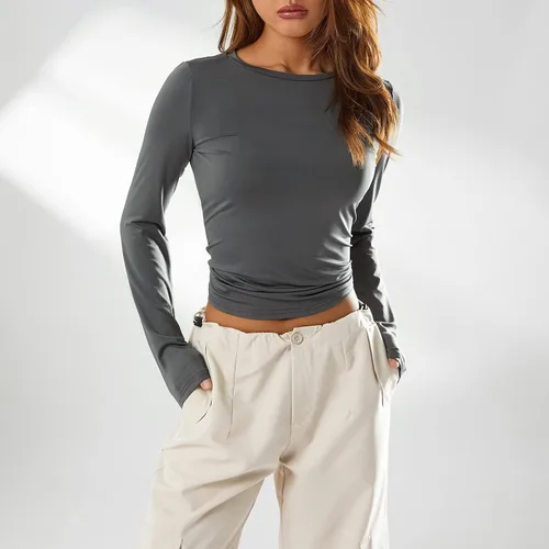 Vista 4 de Camisetas básicas de manga larga para mujer, cuello redondo, ajustadas, lisas, atléticas, ajustadas, para entrenamiento