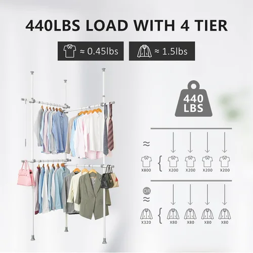 Vista 2 de Estante doble para ropa, estantes ajustables para colgar ropa, ropa de 2 niveles, ropa resistente, sistema independiente de armario blanco