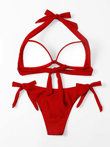 Vista 3 de Romwe Conjunto de 2 piezas de bikini halter push up para mujer, traje de baño con lazo lateral, ropa de playa