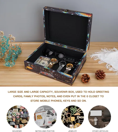 Vista 2 de WANLIAN Cofre de madera y cuero con tapa y cerradura - Caja decorativa de joyería y recuerdos para niños, adolescentes, para cumpleaños, bodas, día