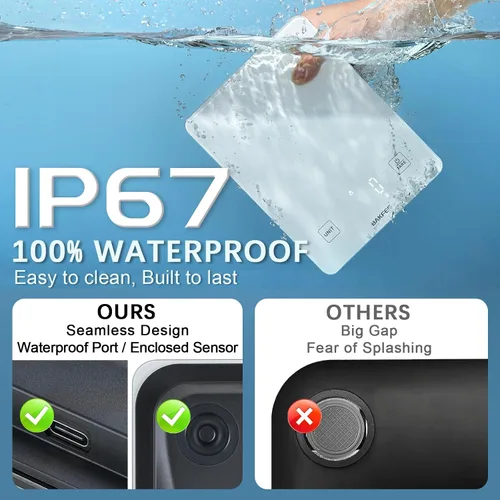 Vista 3 de Báscula de cocina impermeable IP67 con superficie de vidrio, báscula de alimentos de 10 kg, precisión de 1 g/0.1 oz, recargable por USB, pantalla