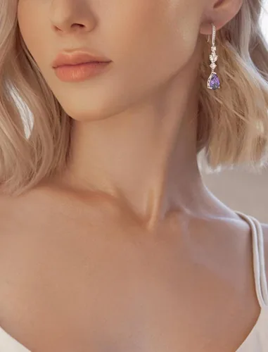 Vista 2 de Aretes colgantes de lágrima grande de boda con piedras natales de 0.394 x 0.551 in, aretes largos de plata de ley para mujer, regalos de joyería