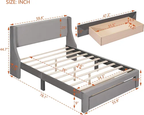 Vista 2 de Base de cama de tamaño matrimonial con cabecera tapizada de terciopelo, marco de cama con cajones y listones de madera que soportan el marco