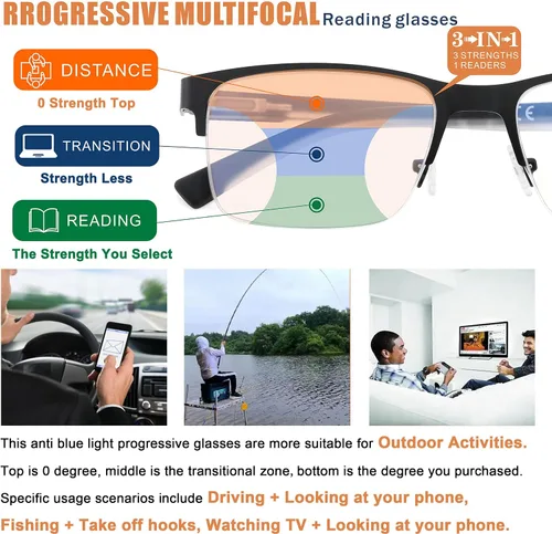 Vista 3 de Gafas de Lectura Multifocales para Hombres, Bifocales, Progresivas, Multifocales, sin Línea, de Lectura de Computadora, Bloqueo de Luz Azul, Armazón