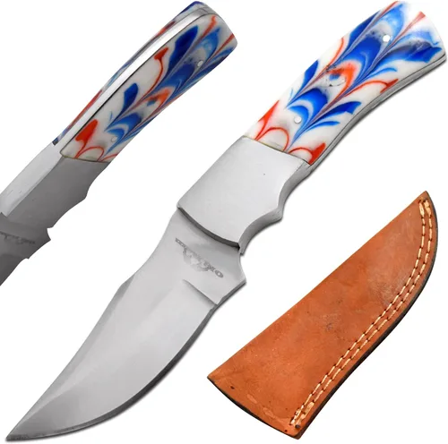 Vista 13 de Collection - Cuchillo de caza de hoja fija resistente, cuchillo afilado de acero inoxidable para exteriores con funda de cuero (BLP-2028)